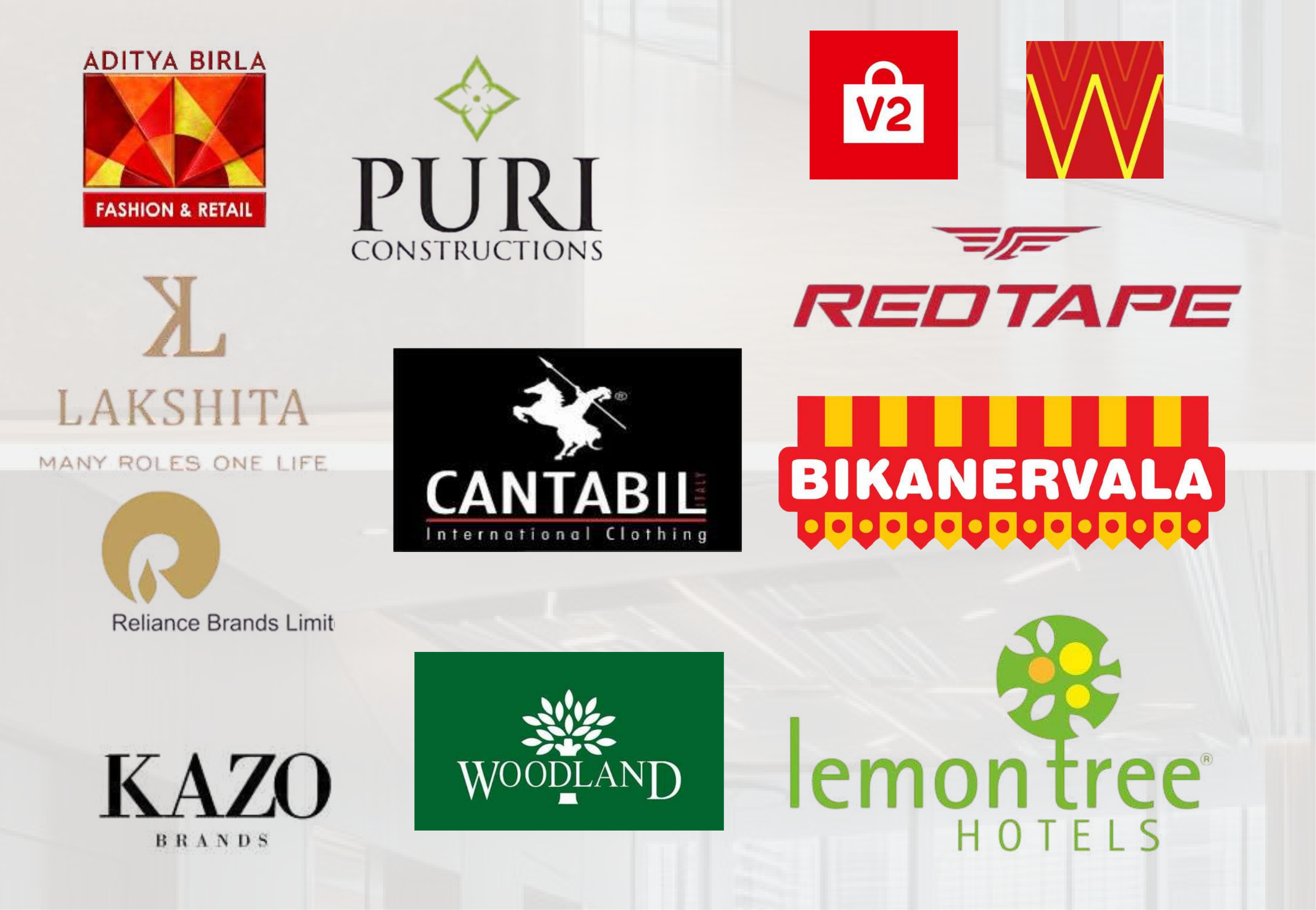 Aditya Birla, Puri Constructions, V2, W, RedTape, Lakshita, Cantabil, Bikanervala, Reliance Brands, KAZO, Woodland, Lemon Tree Hotels logos