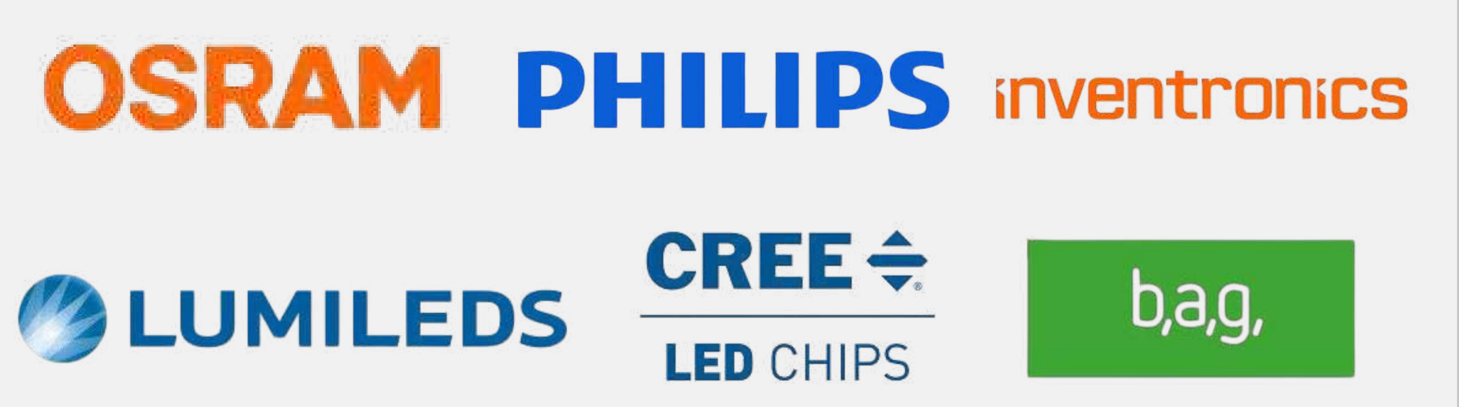 Philips, Osram, Inventronics, Lumileds, Cree, BAG logos